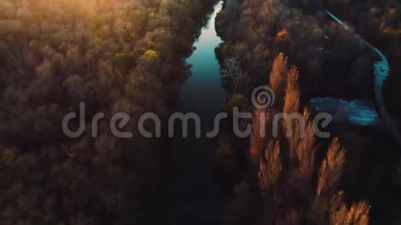 空中无人机日落俯瞰河流和山林亚马逊丛林视频的预览图