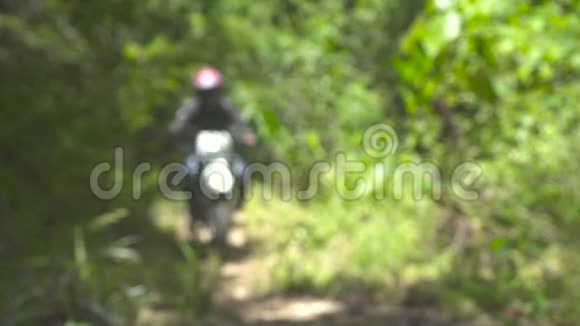 在夏季森林里骑摩托车的摩托车手在林间小路上关闭摩托车轮子摩托车手继续行驶视频的预览图