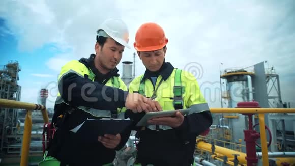 两名工厂工人用纸质文件和平板电脑检查和讨论工作技术视频的预览图