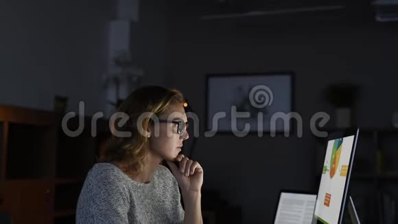 女人在夜间工作视频的预览图
