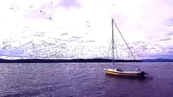 水彩画中天空和地平线背景下停泊在海湾的有轮廓的假日帆船视频的预览图