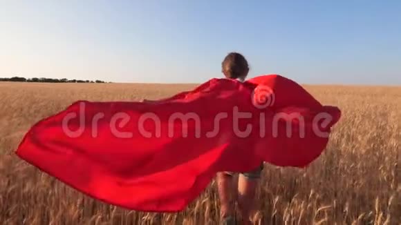 穿着红色雨衣的年轻女孩扮演超级英雄在蓝蓝的天空中奔跑着穿过成熟的麦田视频的预览图