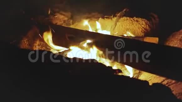 一群朋友在海边的篝火旁玩晚上在海边的篝火旁观看篝火的特写快速视频视频的预览图