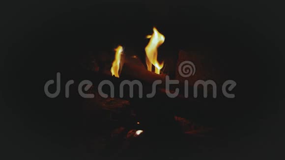 一群朋友在海边的篝火旁玩晚上在海边的篝火旁观看篝火的特写快速视频视频的预览图