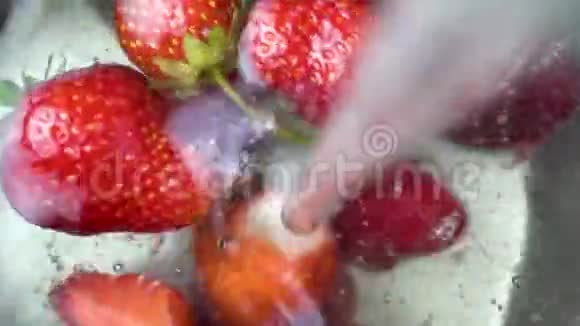 在水中洗净美丽的成熟草莓草莓洗净新鲜试验浆果真实运动视频的预览图