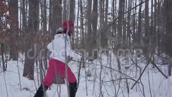 美国黑人年轻女子穿着温暖的衣服戴着红色的帽子围巾和白色的夹克在冬天的森林里散步概念视频的预览图