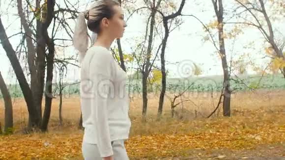 美丽的女孩穿着运动服装从事户外运动女人走在柏油路上开始沿着秋天的自然奔跑视频的预览图