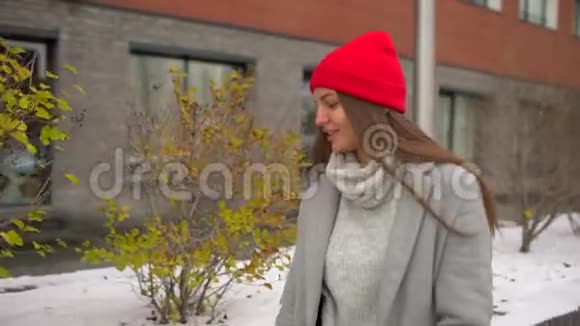 年轻美丽的女人20多岁的快乐女孩留着长发在时尚的秋天散步玩得开心视频的预览图