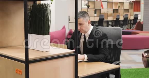 成熟的经理西装革履在现代公司办公室工作视频的预览图