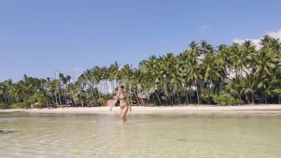 快乐的女人穿着泳装在天堂海滩上的棕榈树景观上奔跑视频的预览图