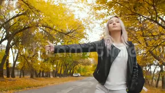 年轻漂亮的女孩走在秋天的跑道上一个穿着皮夹克和运动服的年轻时髦女人走在沥青路上视频的预览图