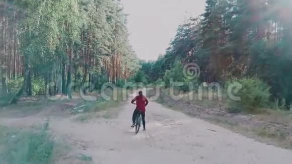 女孩骑着自行车在一个晴朗的日子里被绿色的树木包围俯视着在树林里骑自行车的女人视频的预览图
