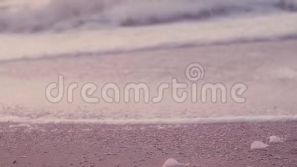 波浪泡沫气泡冲浪在湿沙上橙色贝壳冲浪视频的预览图