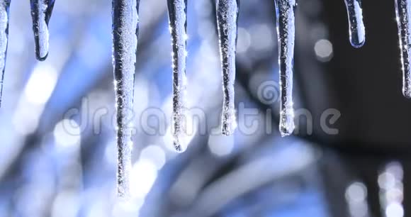 冬天的风景有水晶冰柱和落下的闪亮的水滴视频与冰柱上美丽明亮的背景星形胶质细胞视频的预览图