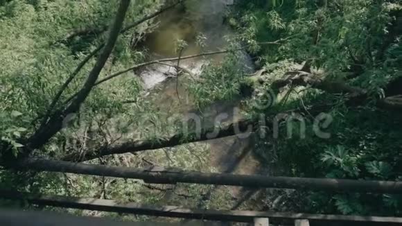 从桥上看到一条小溪在峡谷中流过桥上可见的金属部分树枝和一座小水坝视频的预览图