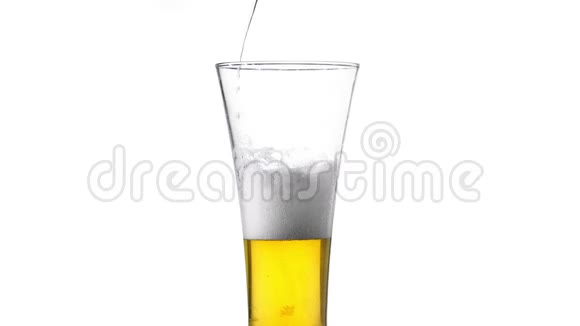 在白色背景上倒入黄色啤酒酒吧泡鲜饮泡金酒视频的预览图