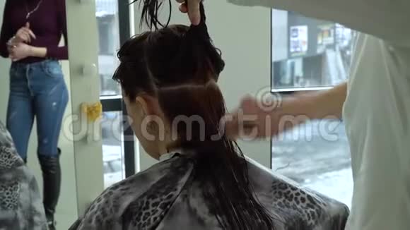 美容院理发店设计师梳理客户湿头发一个年轻的女孩坐在镜子前的椅子上视频的预览图