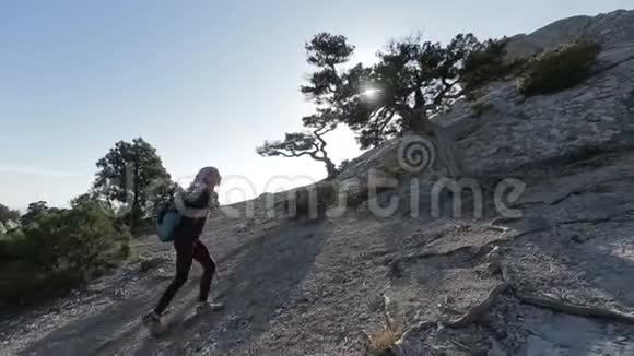背着小背包爬到山顶的年轻女子山顶上风景优美的女士视频的预览图