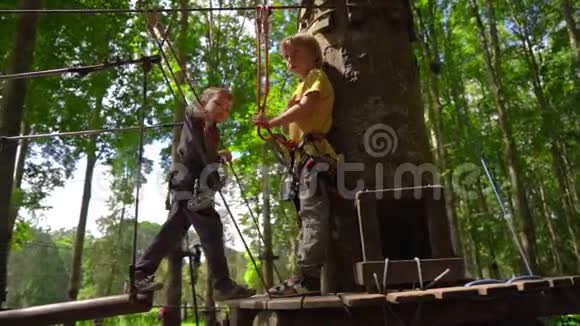 在森林探险公园的树梢上两个穿着安全带的小男孩在一条路线上爬起来视频的预览图