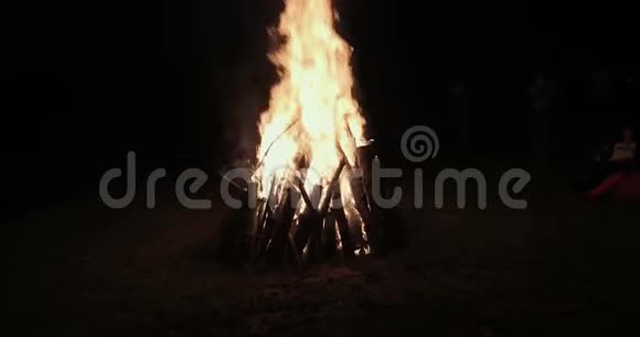 草坪中燃烧着一大堆火焰篝火晚会垂直全景职业介绍所视频的预览图