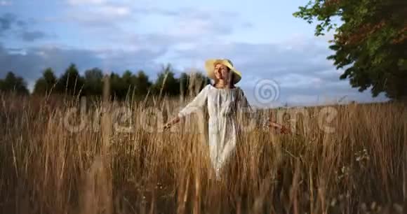 幸福的女人走在田野的日落视频的预览图