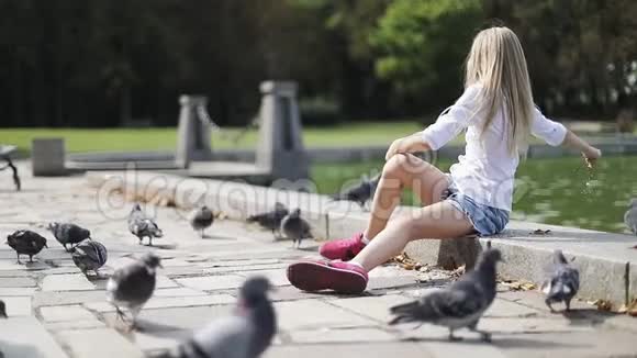 可爱的金发女孩在公园里用面包喂鸽子视频的预览图