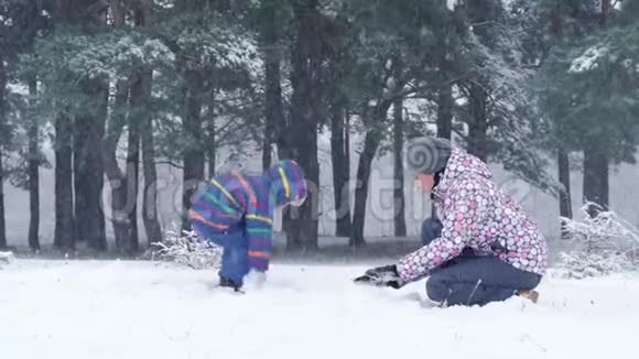 在一个美丽的冬天下雪的一天妈妈和儿子在外面的森林或公园里玩得很开心一个孩子扔了视频的预览图