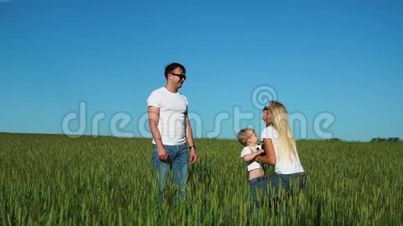 快乐的一家人在野外阳光明媚的一天在公园里玩得很开心度过时光儿子坐在他父亲视频的预览图