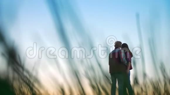 令人惊奇的镜头是两个男朋友和他的女朋友站得很远在高高的草地上向前看一起放松视频的预览图