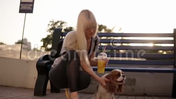 手持的录像显示身穿深色裤腿的长发金发女子蹲在街上长凳附近轻抚着那只猎犬视频的预览图