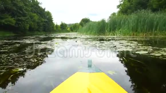 从鼻子看独木舟平静的河流视频的预览图