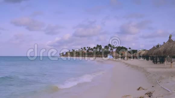 美丽的大西洋海岸线景观白色柔滑的沙滩和绿松石蓝天上的热带树木视频的预览图