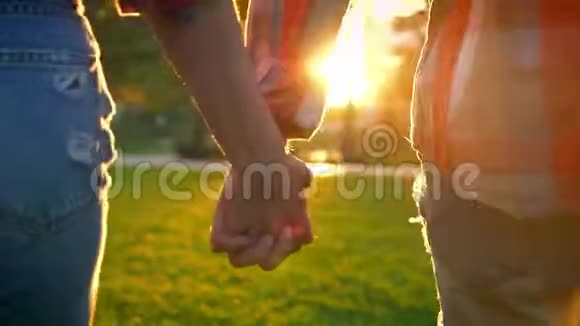 可爱动人的女朋友和她的男朋友从镜头前向后走而阳光照耀着他们手持的汉斯视频的预览图