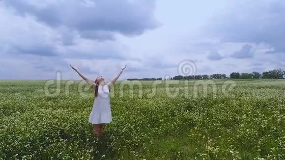 田野里的女子举手仰望天空与大自然合一向上帝祈祷请求帮助视频的预览图
