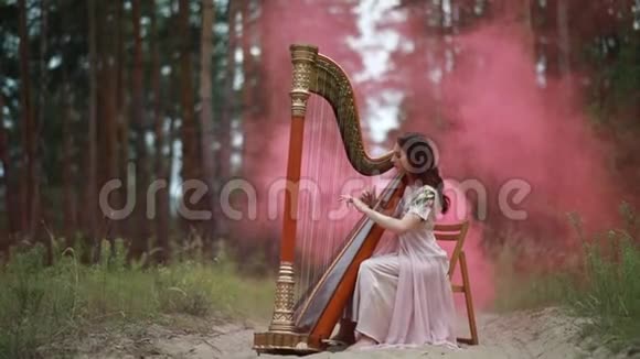 女竖琴手坐在森林里在粉红色的烟雾的背景上弹奏竖琴视频的预览图