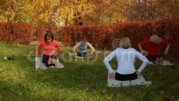 健身团体在公园垫子上练习瑜伽视频的预览图