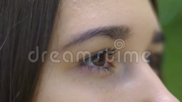 年轻女人的眼睛慢动作美丽的女性黑发眨眼极端特写视频的预览图