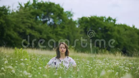 绿草中的年轻女子修佛禅修后的名字视频的预览图