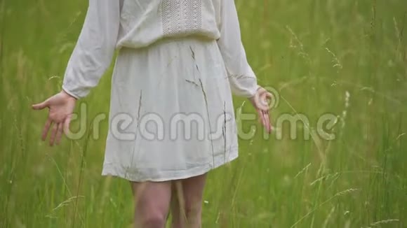 穿着简单的女人感觉与自然的合一站在麦田里双手视频的预览图