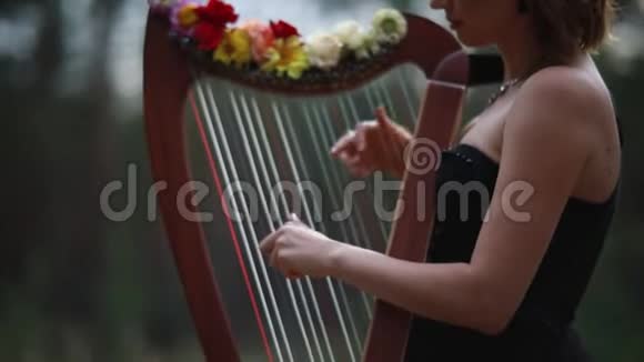 女竖琴手站着弹竖琴视频的预览图