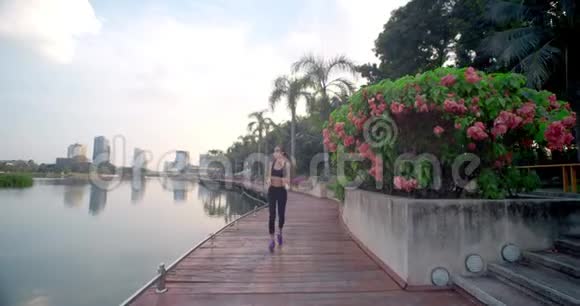 一位身材完美的年轻女子在湖边繁忙的城市中的城市公园里的木铺上奔跑视频的预览图