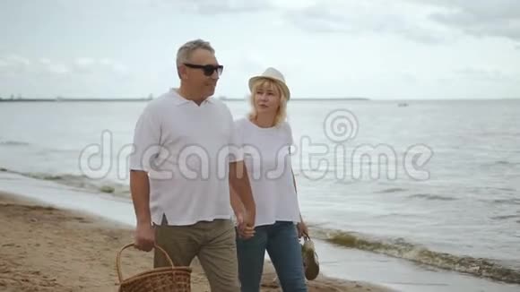 高级情侣海滩聚会日野餐后漫步在海岸线上拥抱视频的预览图