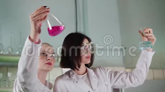 化学实验室两位年轻的实验室技术人员用液体做实验评估他们实验的结果视频的预览图