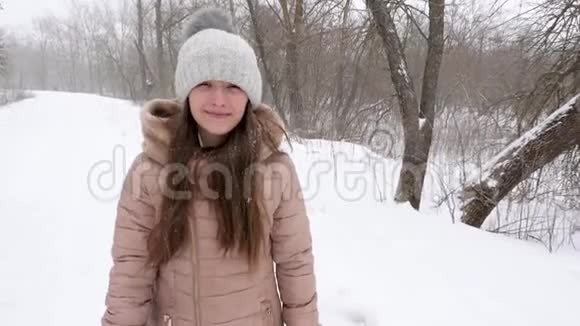 在冬天的暴风雪中在公园散步时头发飘动的美丽女孩正在微笑慢动作视频的预览图
