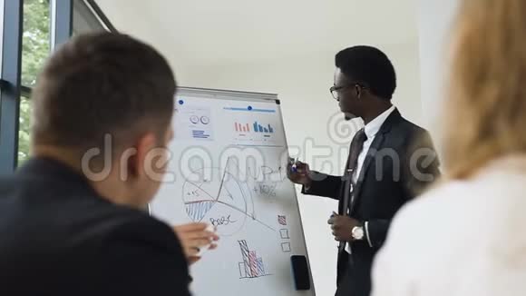 美国非洲男性商人的特写用白板演示上面显示购买的图表视频的预览图