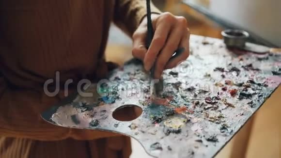 有才华的女人拿着画笔在调色板上混合颜色然后用明亮的油画颜料画花的特写镜头视频的预览图