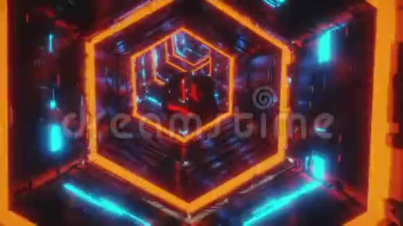 亮蓝红色霓虹灯六边形隧道中心的镜面宝石运动的抽象背景视频视频的预览图