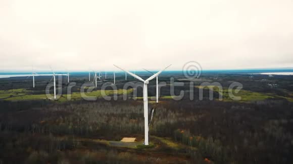 秋季森林湖田风车涡轮农场发电的惊人空中全景环保能源视频的预览图