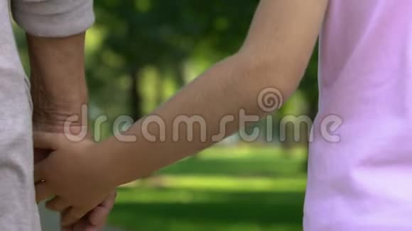 老太婆牵着孙子在夏日公园散步周末视频的预览图