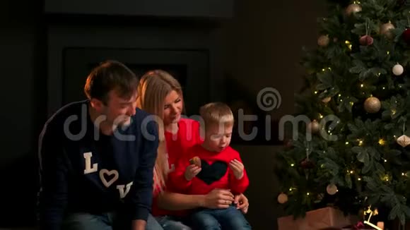 圣诞前夜圣诞树上的孩子们吃饼干家里有孩子庆祝圣诞节男孩开场礼物视频的预览图